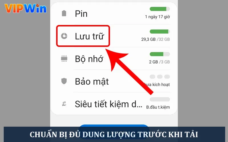 Chuẩn bị đủ dung lượng trước khi tải app Chuẩn bị đủ dung lượng trước khi tải app