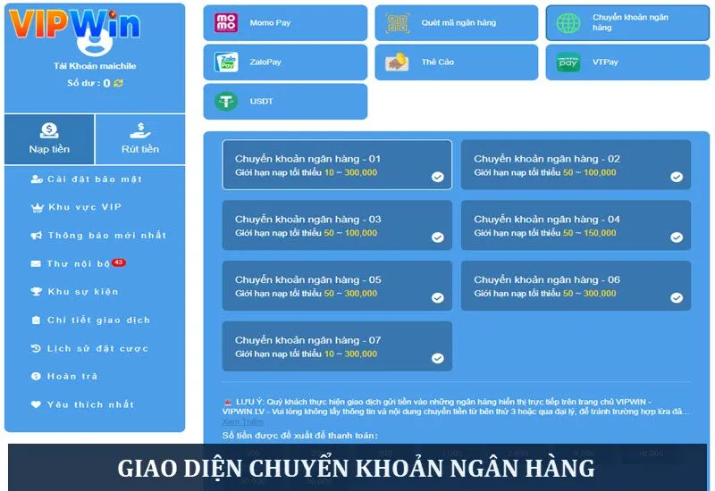Giao diện nạp VIPWIN qua hình thức chuyển khoản ngân hàng Giao diện nạp VIPWIN qua hình thức chuyển khoản ngân hàng