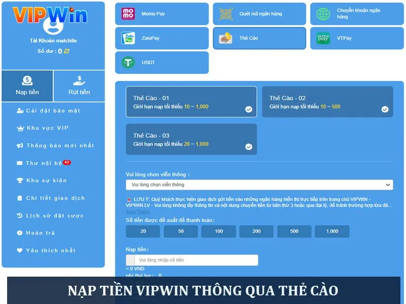 Nạp tiền VIPWIN thông qua thẻ cào cực đơn giản Nạp tiền VIPWIN thông qua thẻ cào cực đơn giản